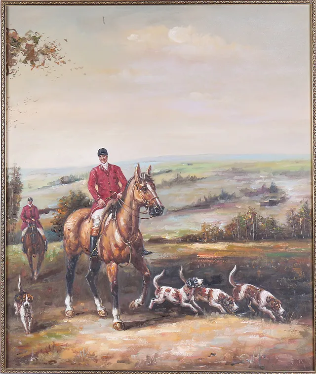 OIDENTIFIERAD KONSTNÄR. Engelskt jaktmotiv, olja på pannå,1900-tal.