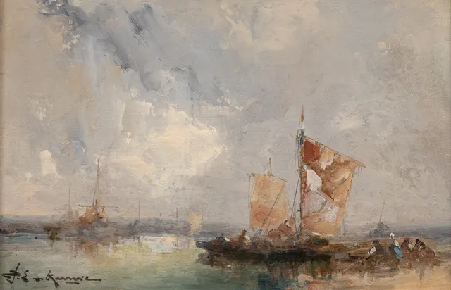 JEAN-ÉTIENNE KARNEC (FRANKRIKE 1865-1934). Segelfartyg vid hamn, olja på pannå, signerad.