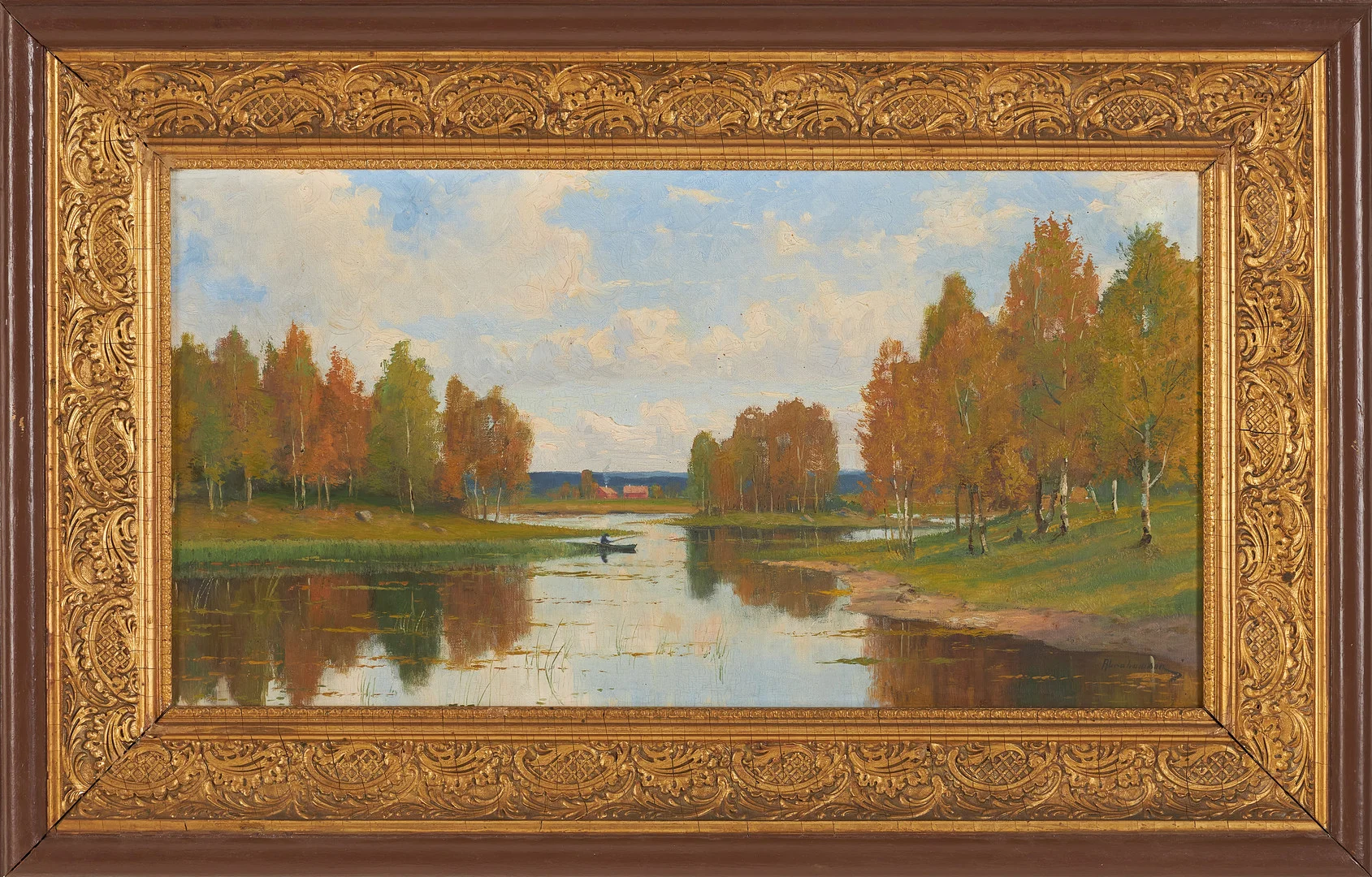 ERIK ABRAHAMSSON (1871-1907). Sjölandskap med fiskare, olja på duk, signerad. — Paintings — Stockholms Auktionsverk Sickla