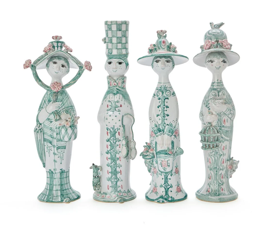 “The Four Seasons”. Four earthe figures modelled as female figures. Decorated with green-glazed decoration on a light grey base. Signed monogram, 2006 and 2010, and resp. M20, M21, M22 and M23. H. 32–34 cm. (4) — Modern Decorative Art — Bruun Rasmussen
