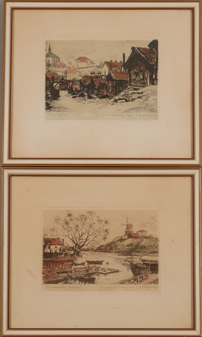 ERNST HÄLLGREN. "Hammarby kvarn" och "Sågaregatan" Stockholm, etsningar, signerade. — Engravings & Prints — Auktionsfirma Kenneth Svensson i Kalmar
