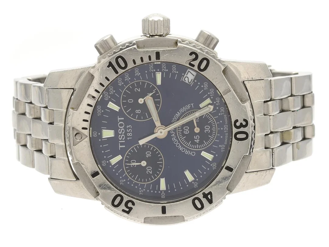 TISSOT, PRS200, Boett nr. T362/462 / QKK-HA-21825, kronograf (defekt), herrur, 40 mm, stål, quartz, safirglas, datum, skadad urtavla, originallänk, viklås, Ref nr. T462.110, ca 2005. — Klockor/Tissot — Kaplans