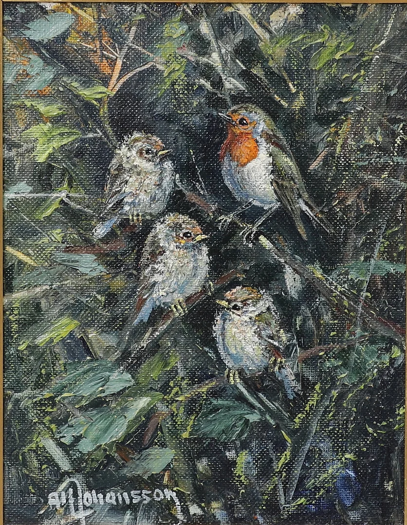 ALF JOHANSSON. Rödhakar, olja på duk, signerad och daterad. — Paintings — Växjö Auktionskammare