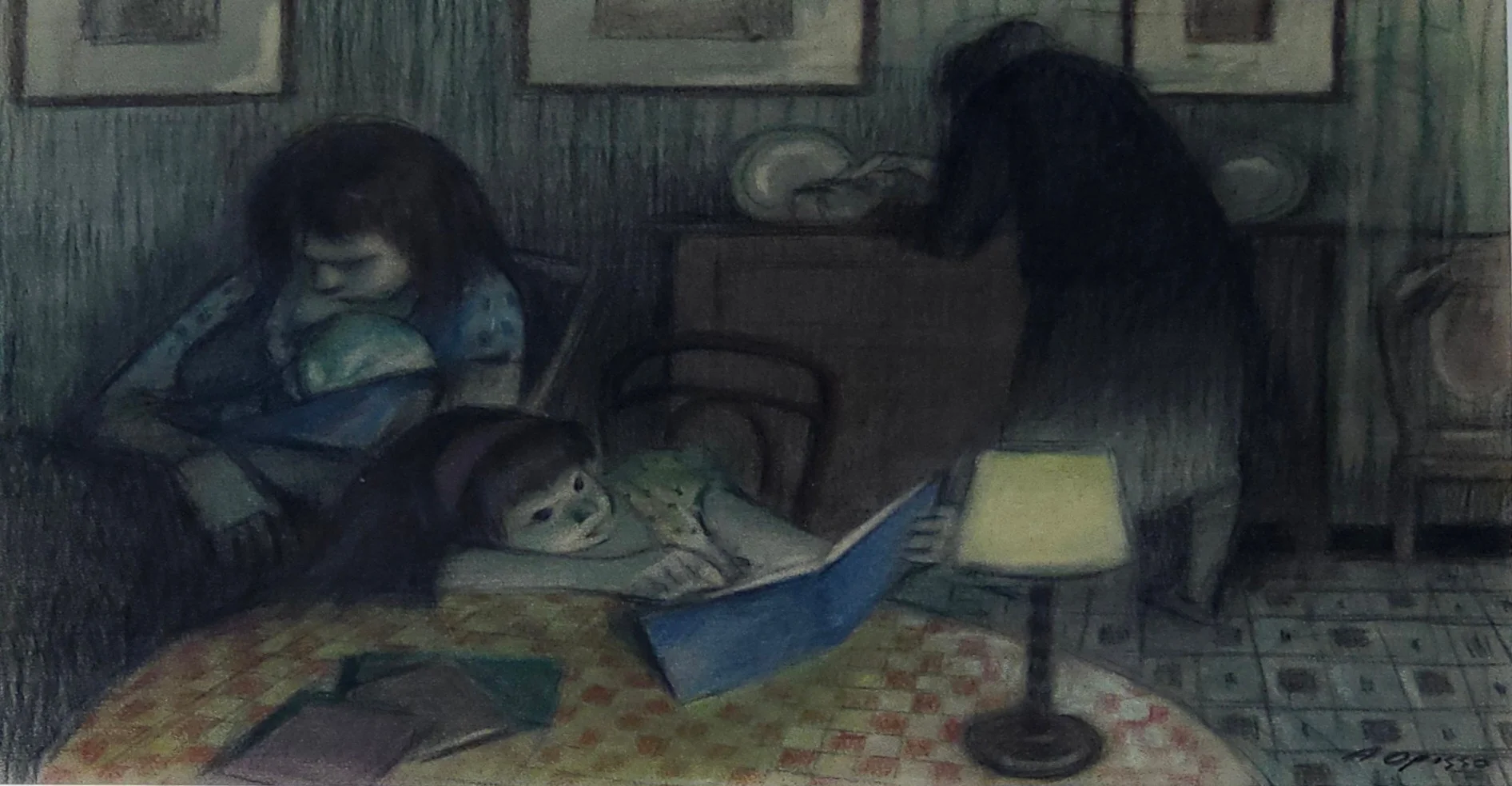 ALFREDO OPISSO. Escena de interior, lápiz graso sobre papel. — Drawings — Arce Auctions