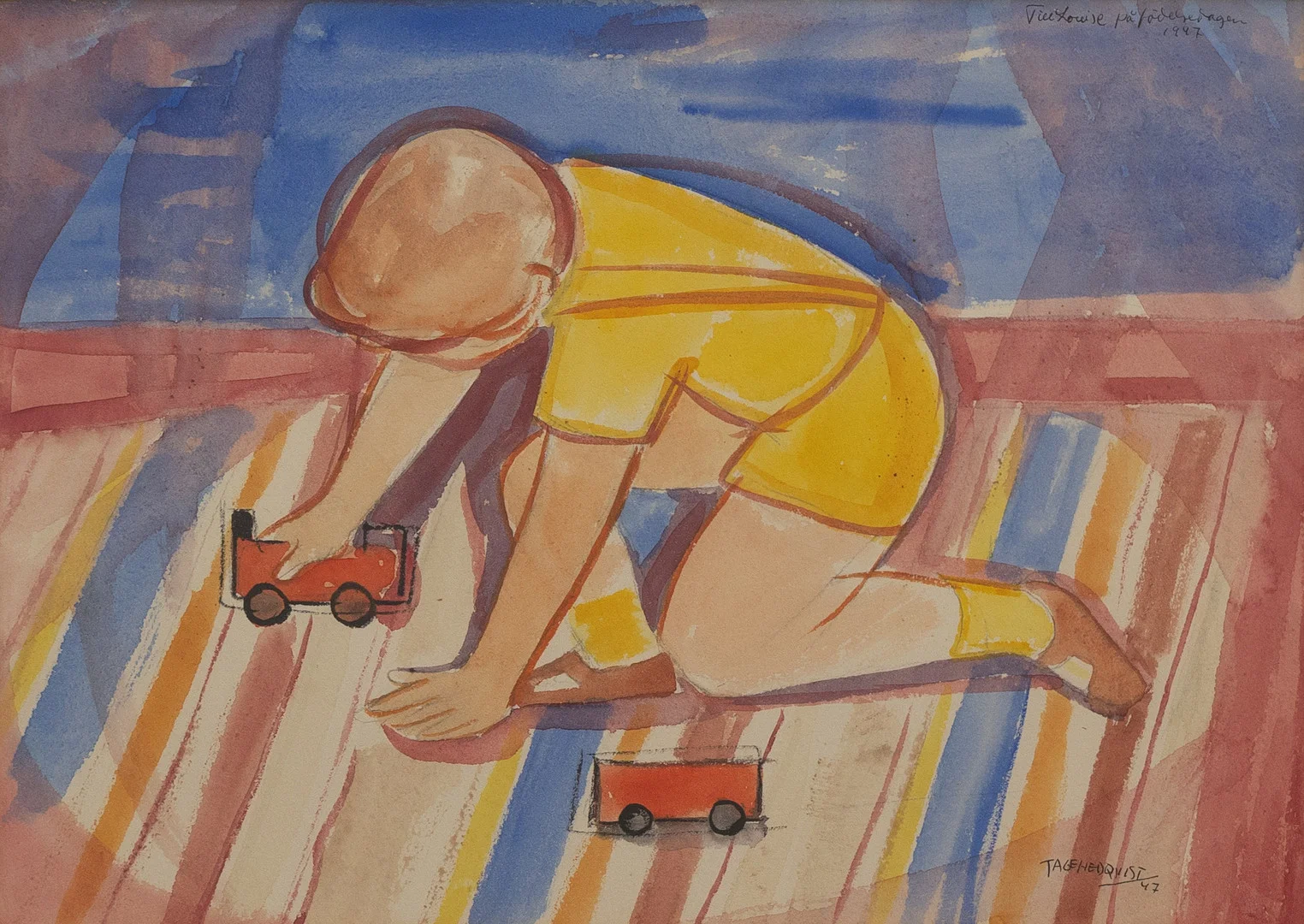 TAGE HEDQVIST. "Gossen leker", akvarell, signerad och daterad -47. — Paintings — Garpenhus Auktioner