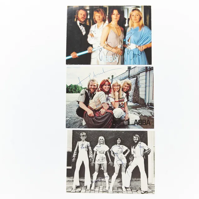 ABBA, idolkort med namnpåskrifter, 3 st, 1970-tal.
