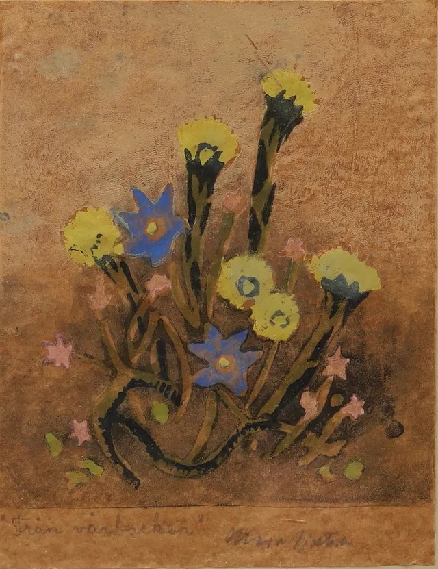 MAJA FJAESTAD. Från vårbacken, träsnitt, signerat.