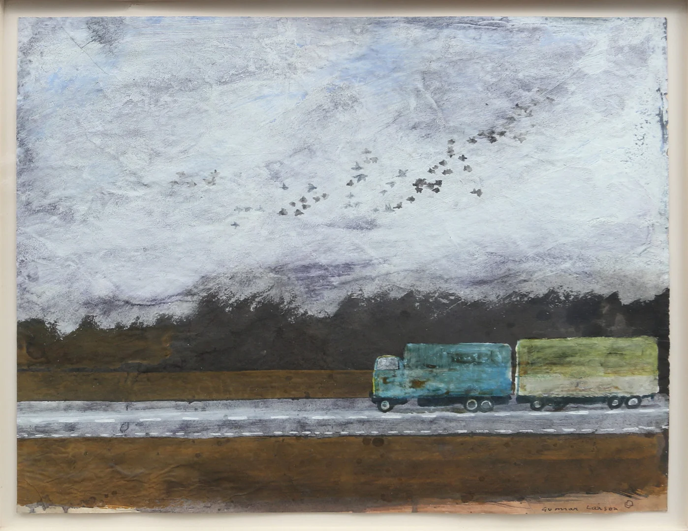 GUNNAR LARSON. Landsväg med långtradare, akvarell, signerad. — Paintings — Garpenhus Auktioner