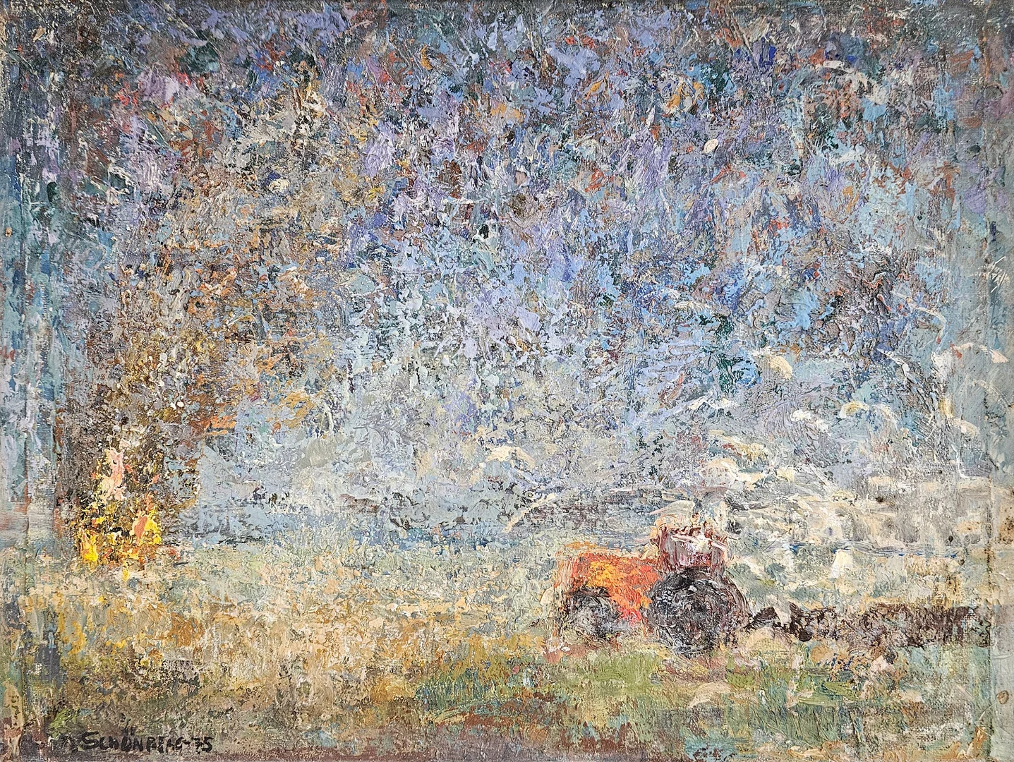 DAGNY SCHÖNBERG. Traktor på åker. Olja på duk, uppklistrad på pannå, signerad och daterad D. Schönberg -75. — Paintings — Auktionshuset Thörner & Ek