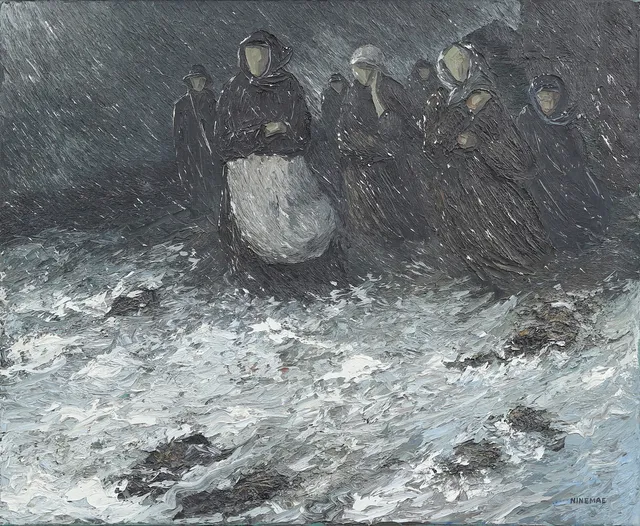 BORIS NINEMAE. "Oro i snöoväder". olja på duk, signerad.