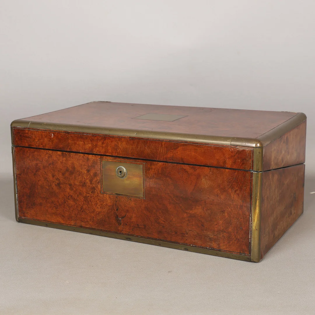 A VICTORIAN WALNUT AND BRASS-BOUND WRITING BOX. — Other collectables — Bishop & Miller