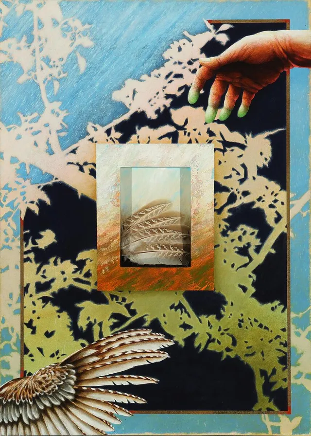 “Fragment of a Pheasant”. Signed on the reverse with title. Mixed media and collage on canvas laid on board. 72×51 cm.