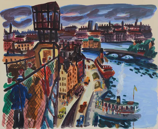 CHARLES SJÖHOLM. "Katarinahissen", gouache på papper, signerad.