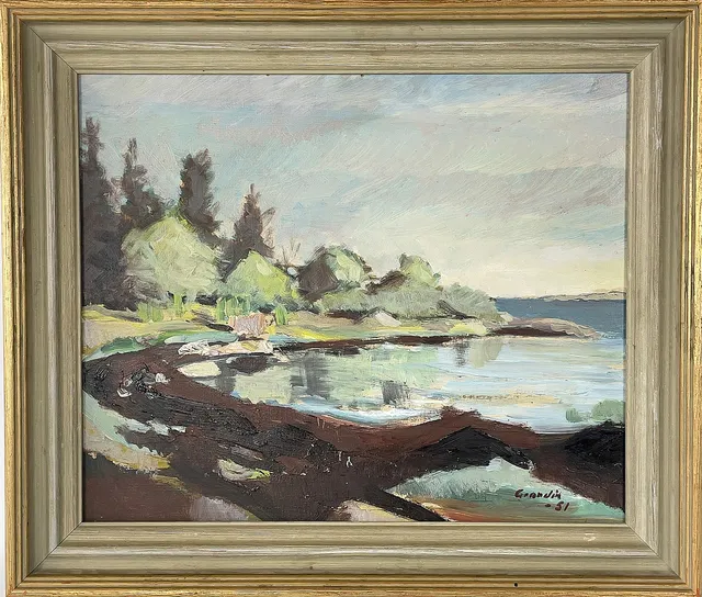 SVÄN GRANDIN. Olja på pannå, "Örterviken" - Fygdsten juli 1951, signerad Grandin samt daterad -51.
