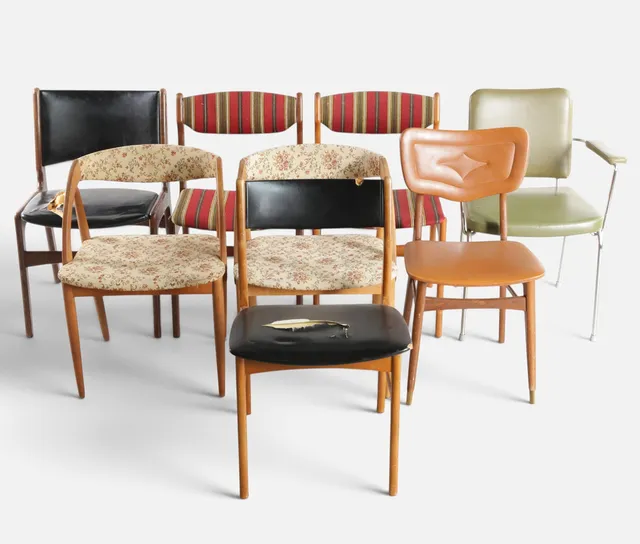 Sæt på otte blandede stole, udført i Danmark, 1950-60'erne (8).