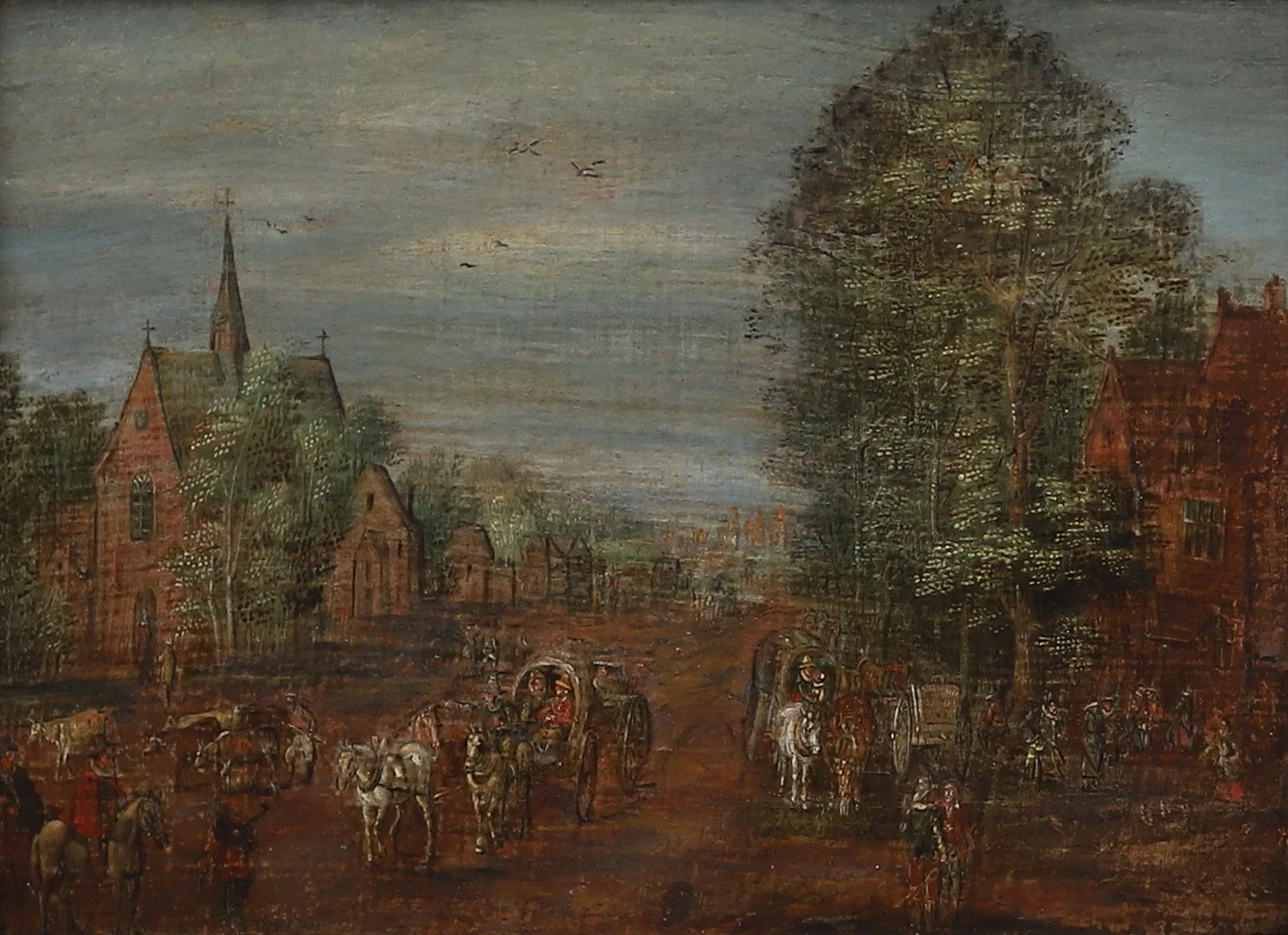 JAN II BRUEGHEL (HOLLAND 1601-1678). HANS KRETS. Byväg med hästekipage, 1600-tal, olja på uppklistrad duk, osignerad. — Paintings — Garpenhus Auktioner
