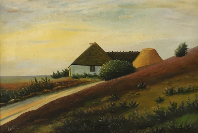 OIDENTIFIERAD KONSTNÄR. Landskap med hus, olja på duk, otydligt signerad , 1800/1900-tal.