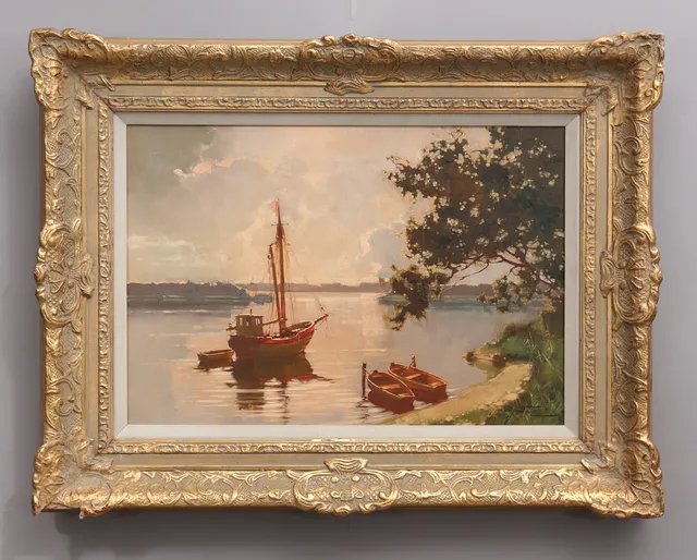 JAN BOHUMIL POSPISIL. Segelbåt med jolle. Olja på duk, signerad.