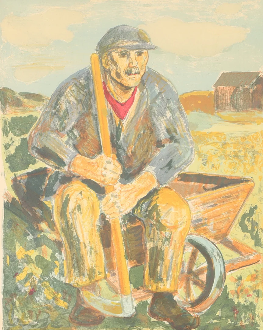 ALBIN AMELIN. "Lantarbetare", färglitografi, signerad Amelin. — Engravings & Prints — Helsingborgs Auktionskammare