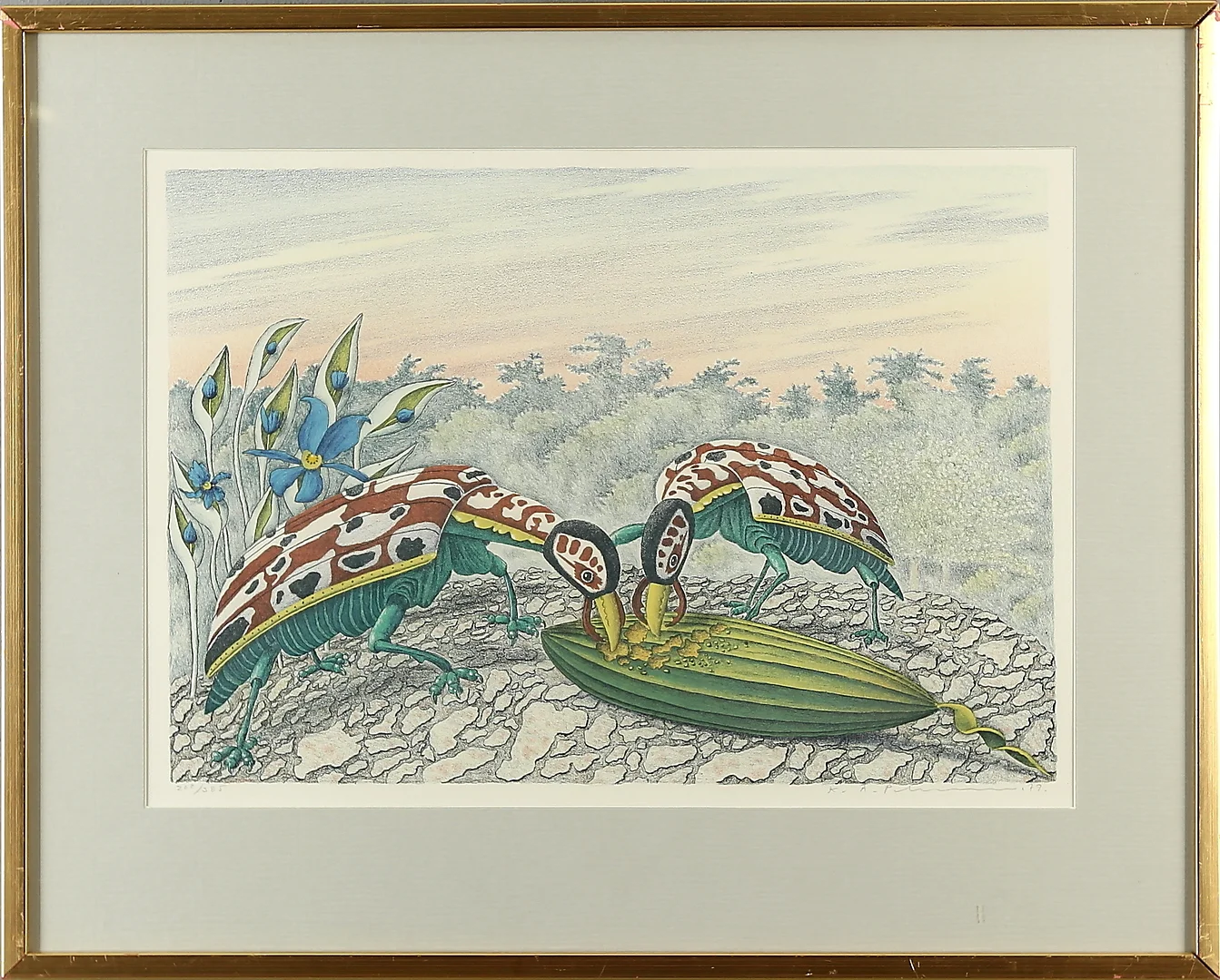 KARL AXEL PEHRSON. Litografi, insekter i fatantasilandskap, signerad och daterad 79. — Engravings & Prints — Auktionshuset Kolonn