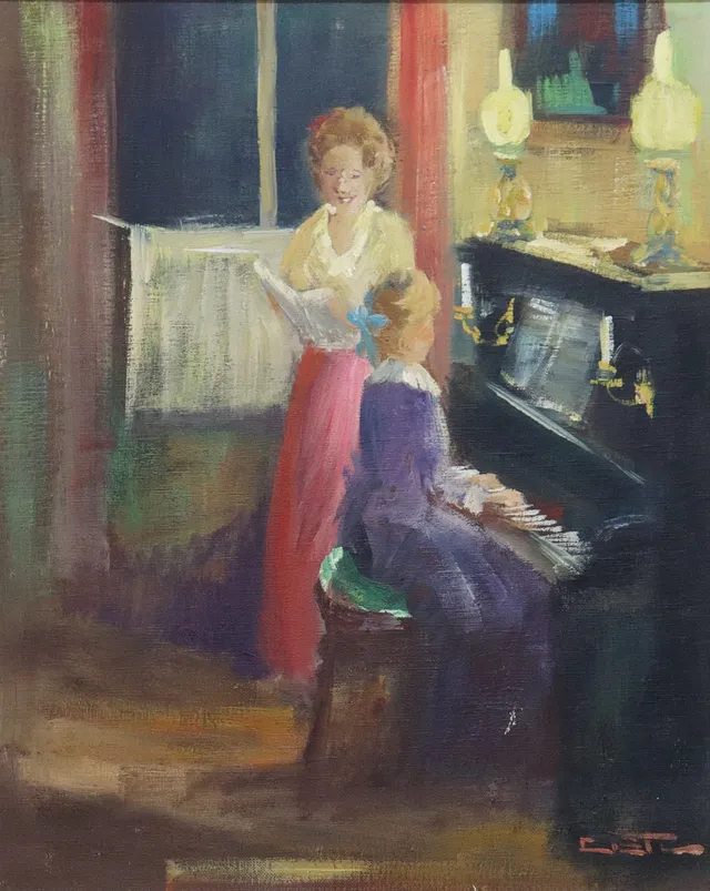 NICOLAI COSTER. olja på duk, damer vid piano.