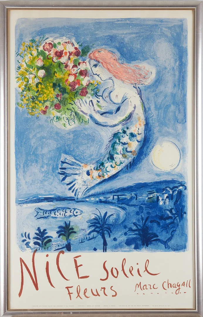 MARC CHAGALL. Utställningsaffisch, "Nice Soleil Fleurs", färglitografi, Mourlot ed. 61.24. — Engravings & Prints — Stockholms Auktionsverk Magasin 5