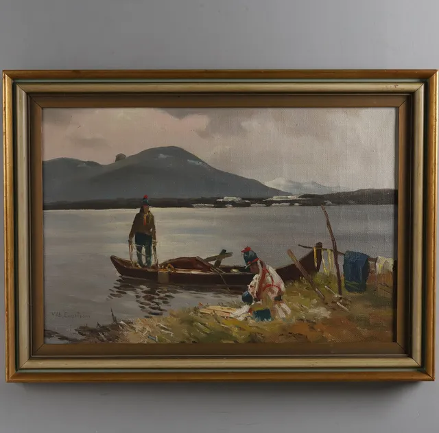 VILHELM ENGSTRÖM. ''Same rensar fisk'', olja på duk, signerad.