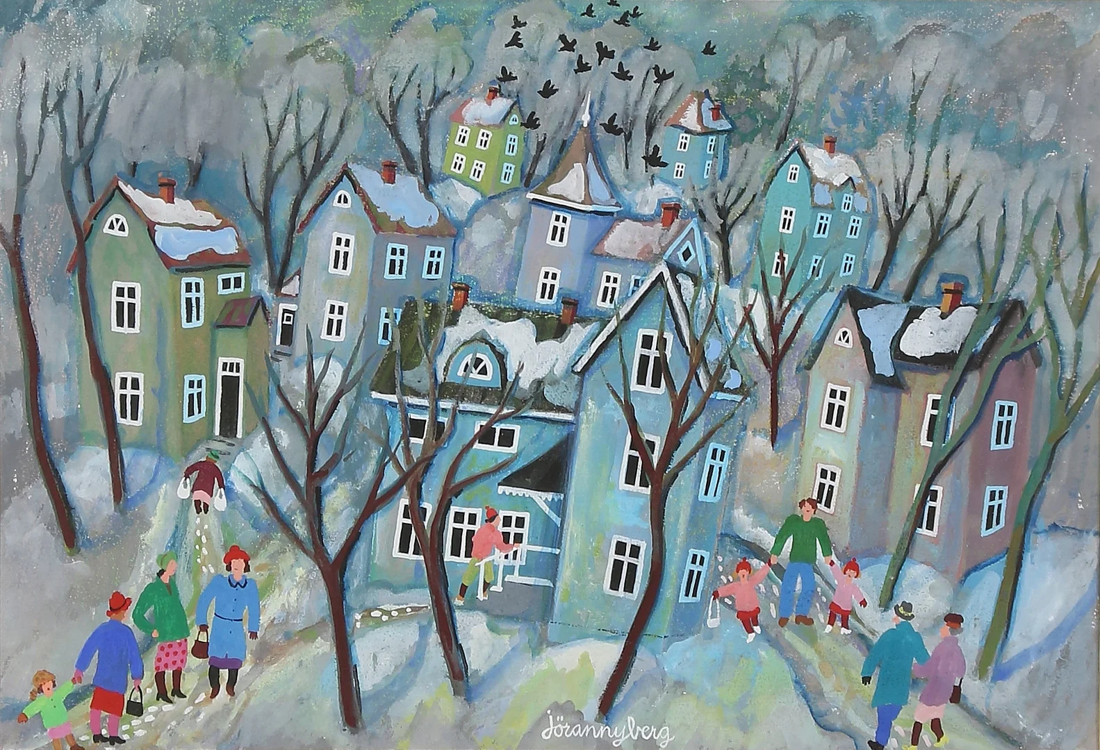 JÖRAN NYBERG. Människor i byn, gouache på papper, signerad. — Paintings — Stadsauktion Sundsvall