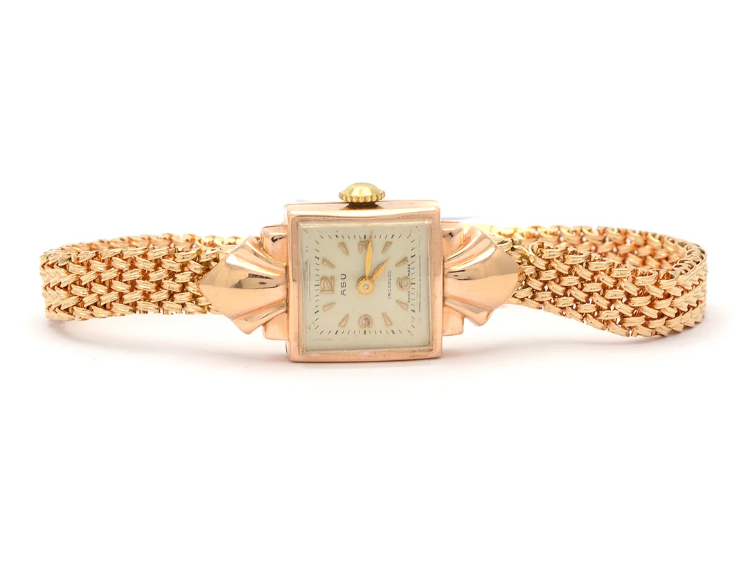 Asu 18K, damur, 15mm, manuell, plastglas, skadat integrerat armband 18K, Bruttovikt 25,6g — Klockor/Övriga klockor — Kaplans