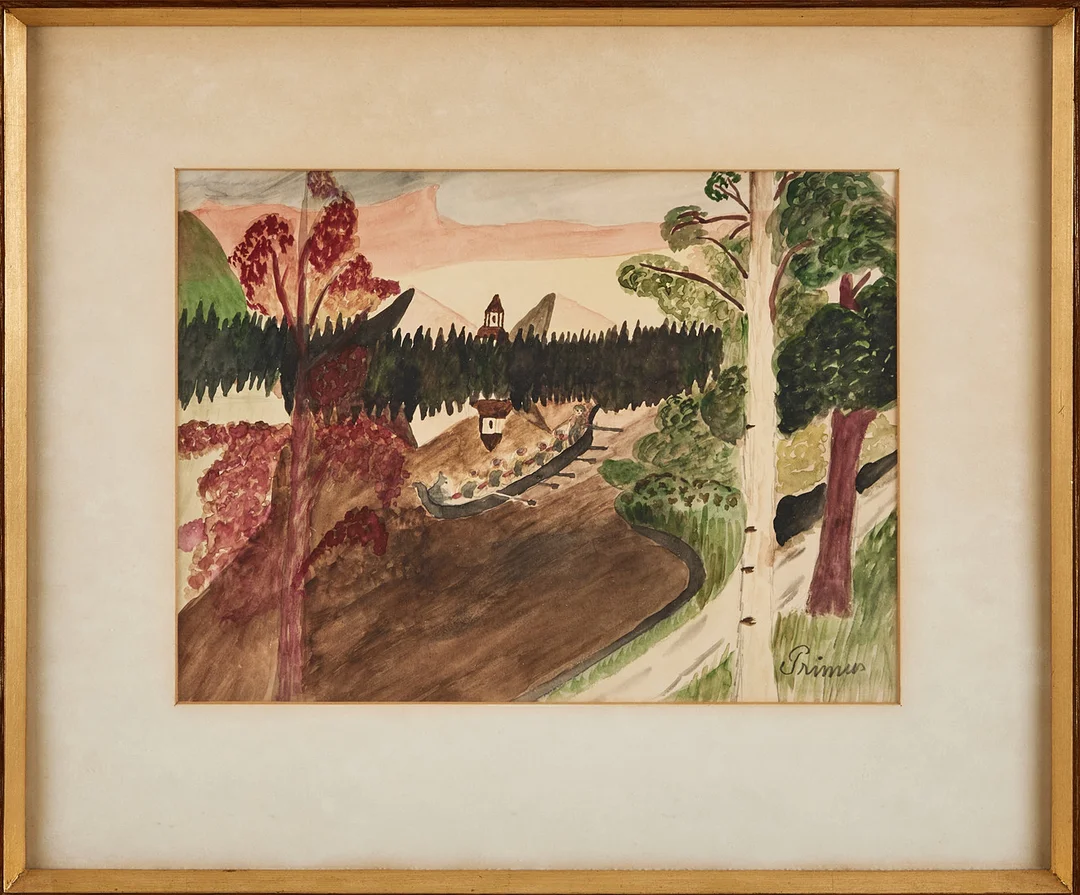 PRIMUS MORTIMER PETTERSSON. "Kyrkroddare", akvarell på papper, signerad Primus i blyerts. — Paintings — Stockholms Auktionsverk Magasin 5
