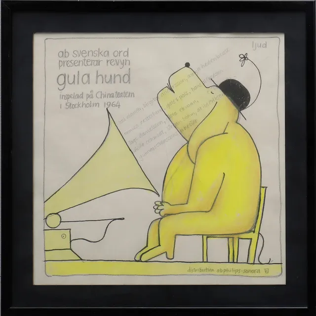 LARS OLSON. Skiss till vinylomslag "Gula Hund" på Chinateatern 1964.