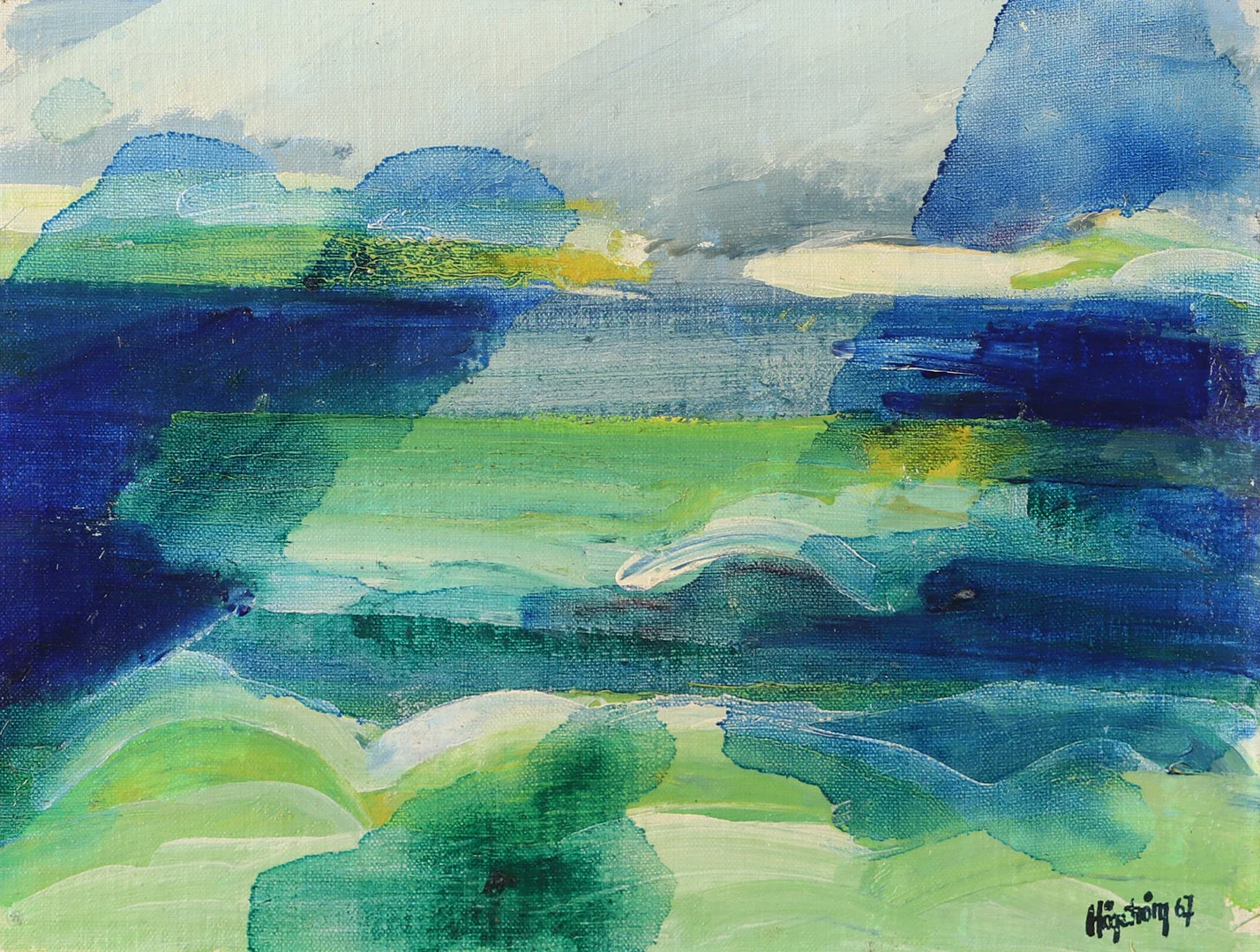 KJELL HÖGSTRÖM. Grönt landskap, olja på pannå, signerad Högström -67. — Paintings — Helsingborgs Auktionskammare