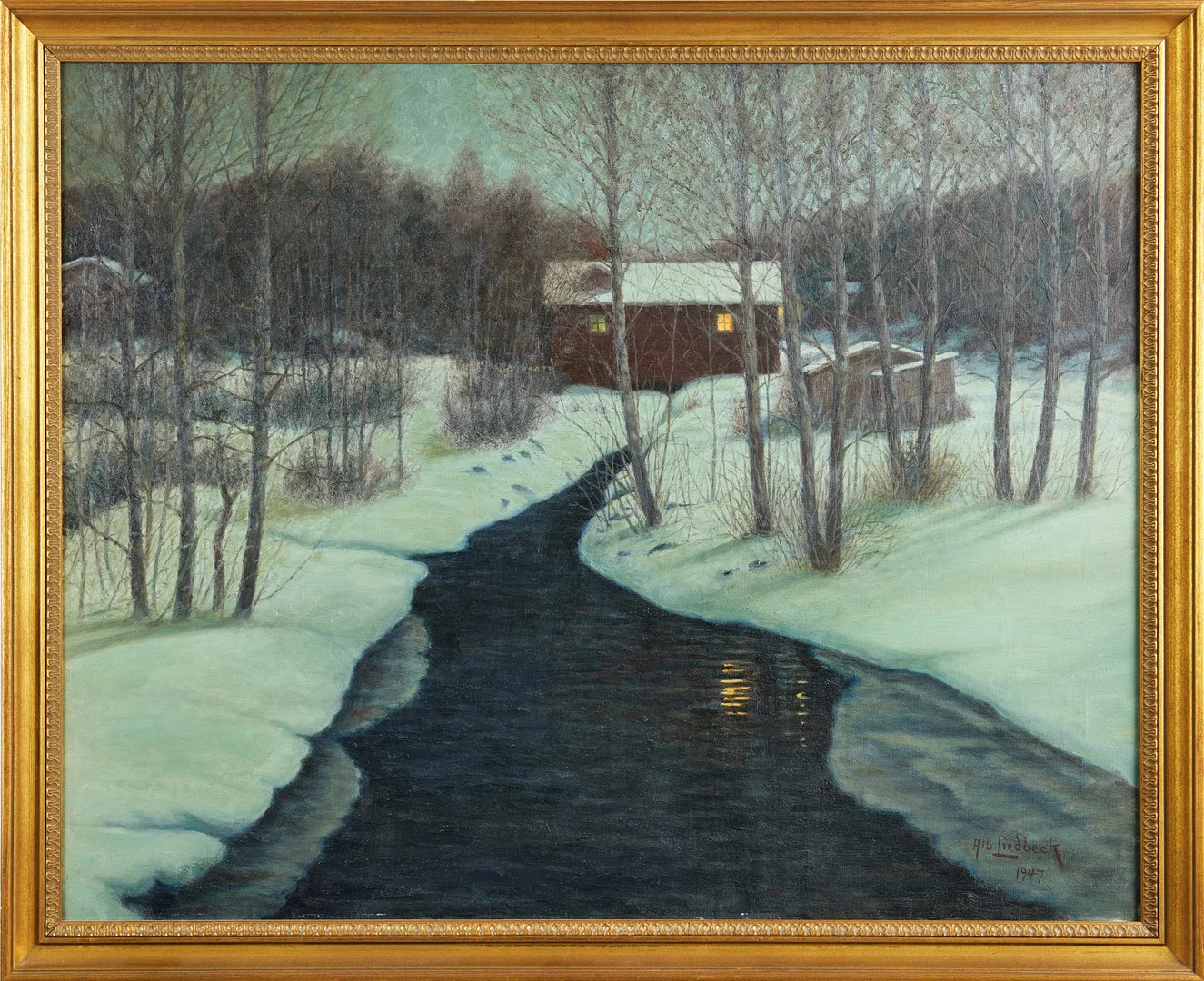 ALBERT LIEDBECK (1881-1955). Vinterlandskap med stuga, olja på duk, signerad och daterad Alb Liedbeck 1947. — Paintings — Stockholms Auktionsverk Magasin 5