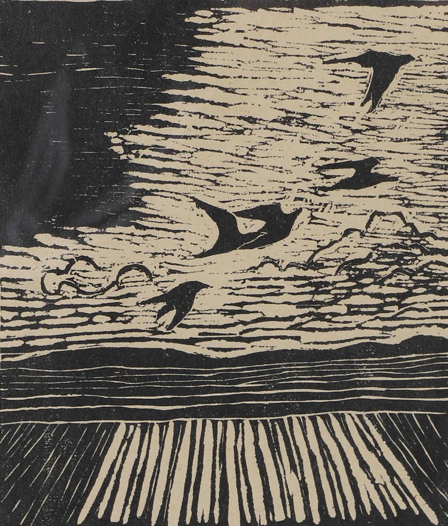 ULLA KRAITZ. Flygande fåglar, träsnitt, signerad 1977. — Engravings & Prints — Helsingborgs Auktionskammare