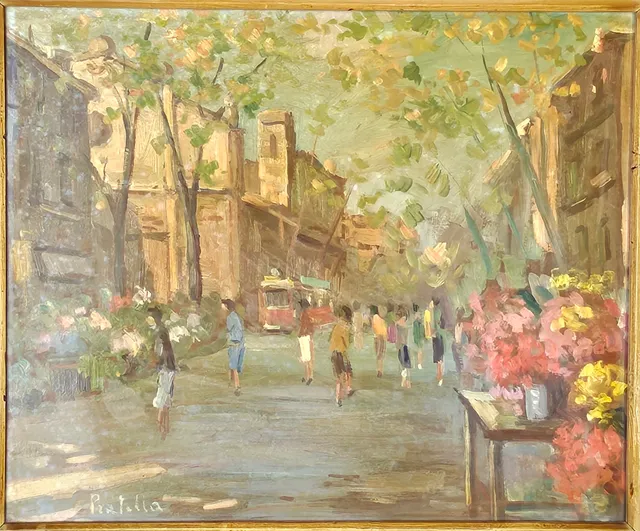 ESCUELA CATALANA S XX. FIRMA ILEGIBLE. RAMBLAS DE LAS FLORES, ÓLEO SOBRE TÁBLEX.