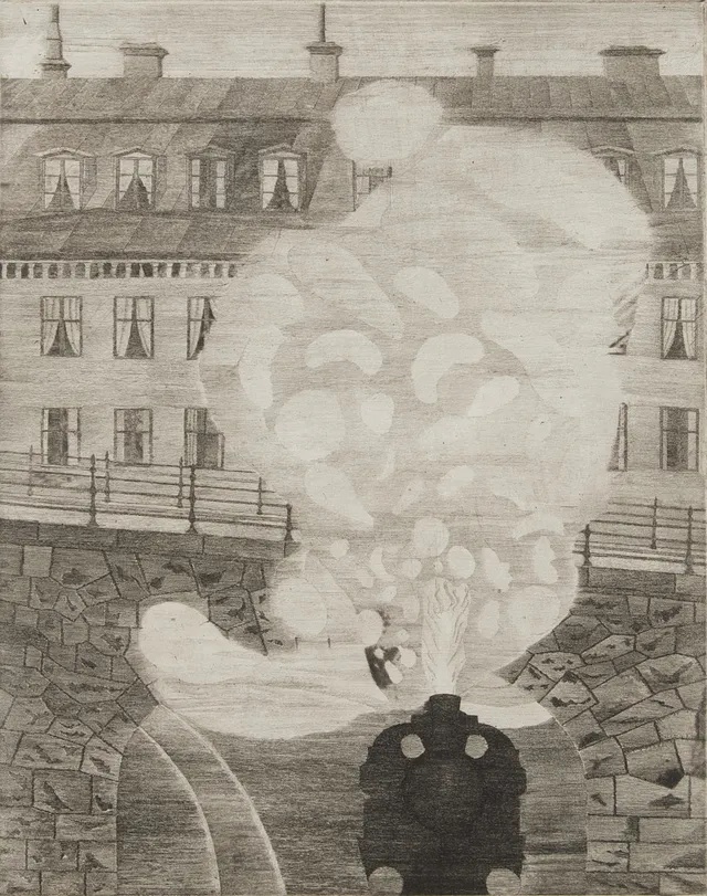 GUSTAF ISANDER (1863-1929). "Expansion" "Stockholmsbild" , torrnål, tredje avdrag, signerad och daterad 1922 Januari.