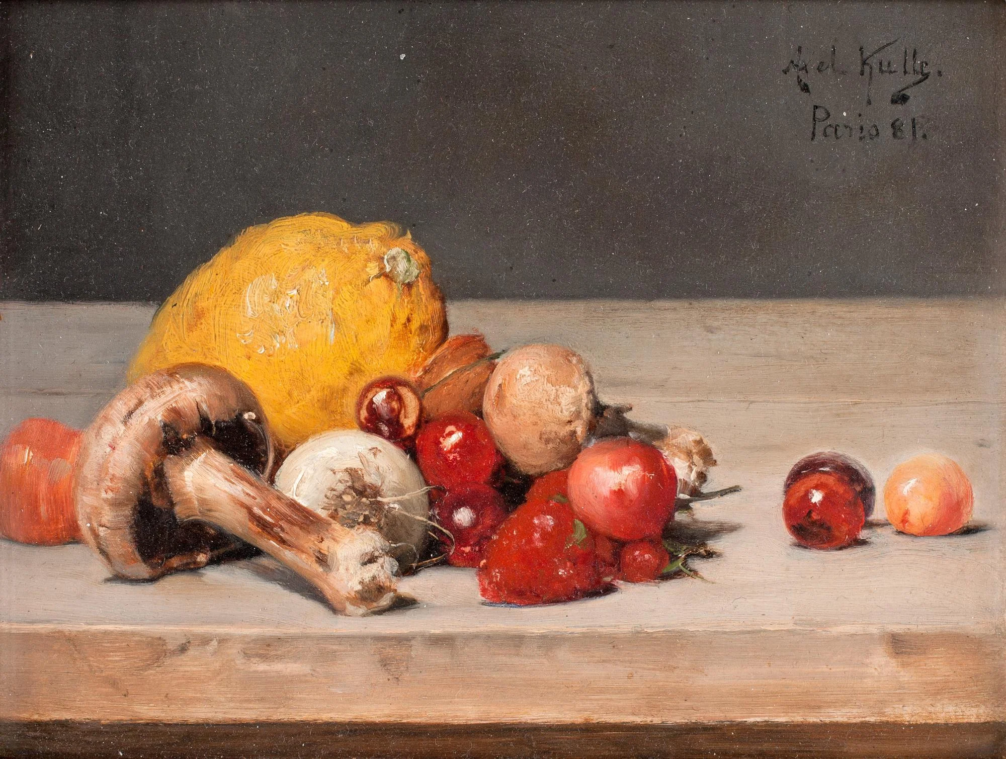 Axel Kulle, Stilleben med citron, svamp och bär. — Bukowskis