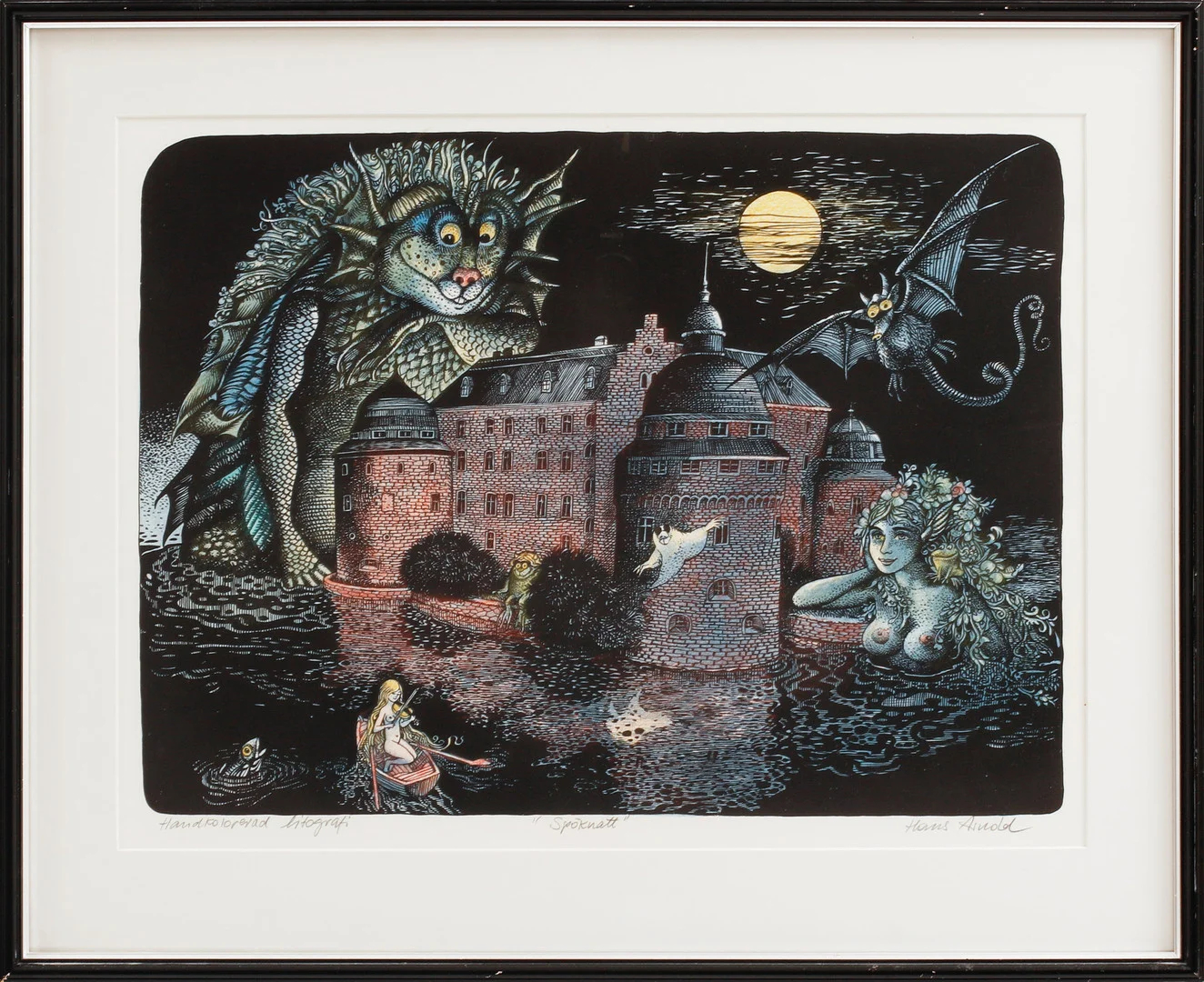 HANS ARNOLD. HANS ARNOLD, "Spöknatt", Handkolorerad litografi, signerad. — Engravings & Prints — Göteborgs Auktionsverk