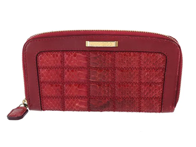 PLÅNBOK, JIMMY CHOO, rött präglat läder, guldfärgade beslag, 19,5x10,5 cm, kort, mynt, sedel, cert, dustbag, kartong, bruksslitage.