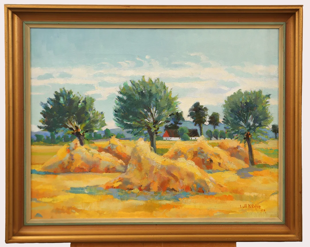 FRITZ KÄRFVE. Olja på duk, sommarbild med hö, träd och gård, signerad, daterad 1944. — Paintings — Limhamns Auktionsbyrå