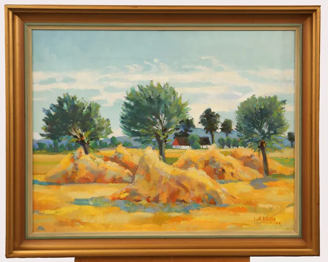 FRITZ KÄRFVE. Olja på duk, sommarbild med hö, träd och gård, signerad, daterad 1944.