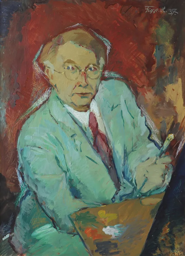 FIGGE HOLMGREN. "Självporträtt", olja på pannå, signerad Figge H. -37.