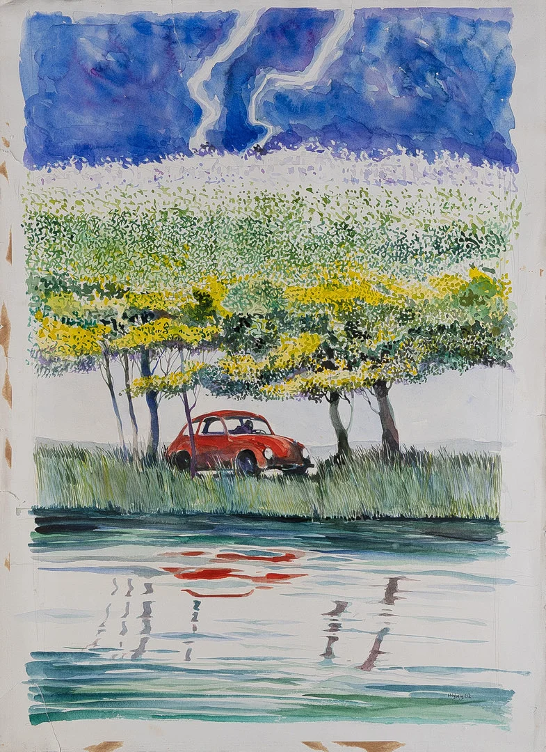 HÅKAN NYBERG (1938-2013). Den röda bilen, akvarell. — Paintings — Stockholms Auktionsverk Helsingborg