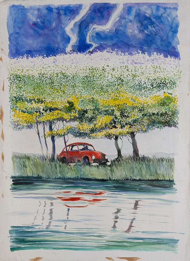 HÅKAN NYBERG (1938-2013). Den röda bilen, akvarell.