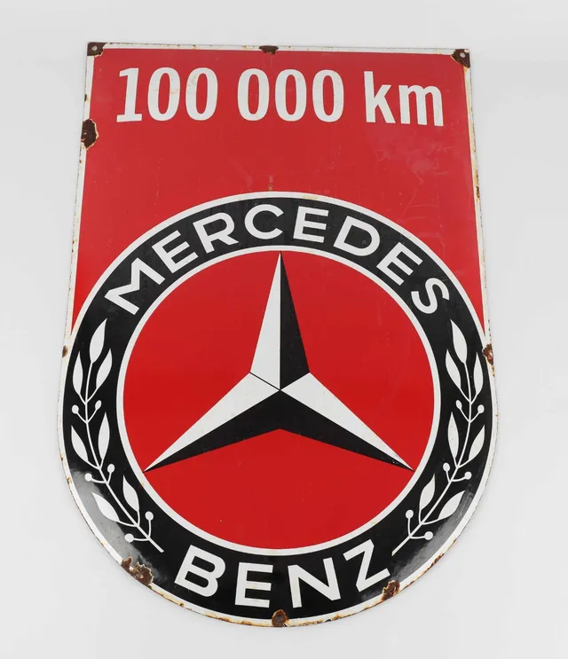 Mercedes Benz - 100,000 km, Vintage enamel sign. Slightly arched. 20th century