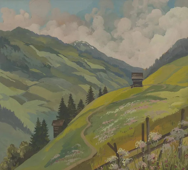 ELSE KARGL. "Hofgartner Berge", blandteknik, signerad.