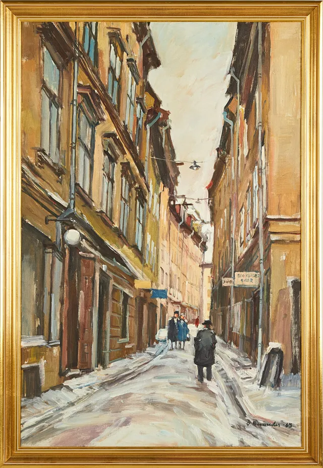 OLOF BENANDER. Gamla Stan i vinterskrud, olja på duk, signerad och daterad 1963.