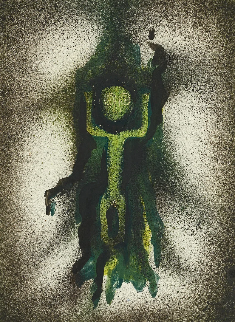 HEINZ SEVENICH (Aachen/Tyskland 1935-2023). Komposition med grön figur, daterad a tergo 12-9-64, blandteknik på pannå. — Paintings — Crafoord Auktioner Stockholm