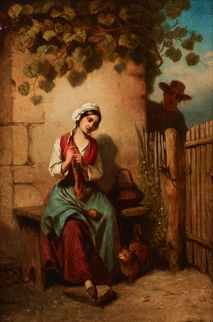 UBEKENDT KUNSTNER 1800 TALLET. Romantisk sceneri, olie på plade, signeret, midten af 1800 tallet. — Paintings — Palsgaard Kunstauktioner