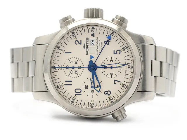 FORTIS, B-42 Flieger Chronograph, Alarm, Cal 2001, Serie nr. 1202, Boett nr. 636.10.170, kronograf, herrur, 42 mm, stål, automatisk, safirglas, datum, alarm, glasbaksida, originallänk, viklås, ca 2005, box, ytterkartong.
